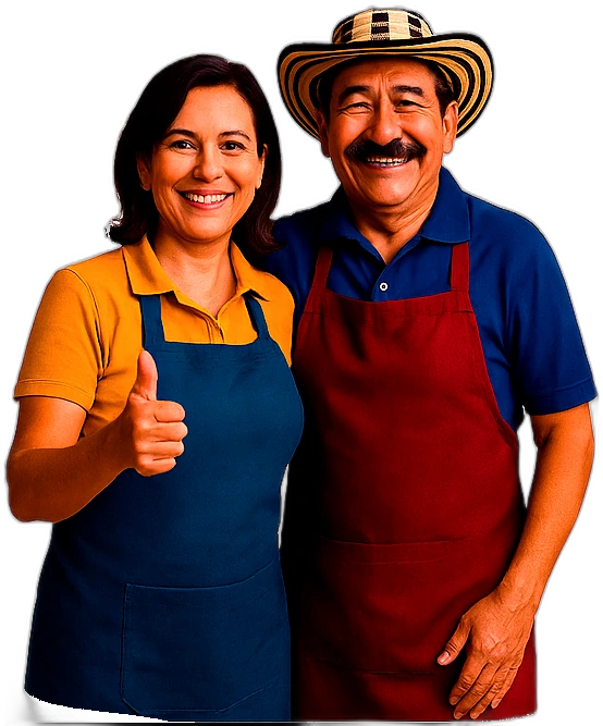 Pareja de tenderos colombianos orgullosos de su tienda