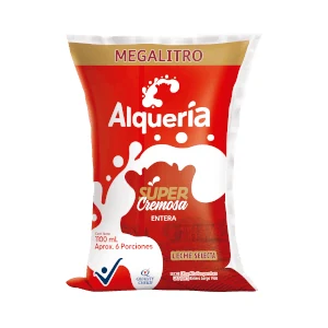Leche Alquería — presentaciones Entera bolsa 900 ml, Entera Supercremosa caja 1 L, Entera Supercremosa bolsa 1.3 L, Deslactosada caja 1 L, Deslactosada descremada bolsa 1.1 L, Descremada six pack 6 × 1.1 L